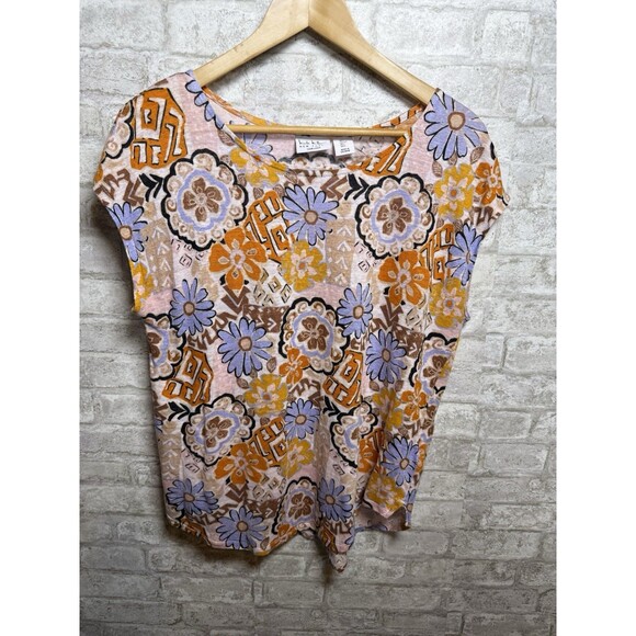 Nicole Miller Tops - NICOLE MILLER 100% Linen Shirt Women’s L Orange Lavender Brown Boho Floral Retro